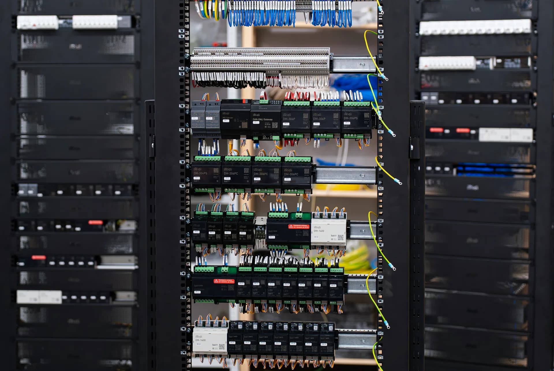 Rack of infrastructure equipment with cabling