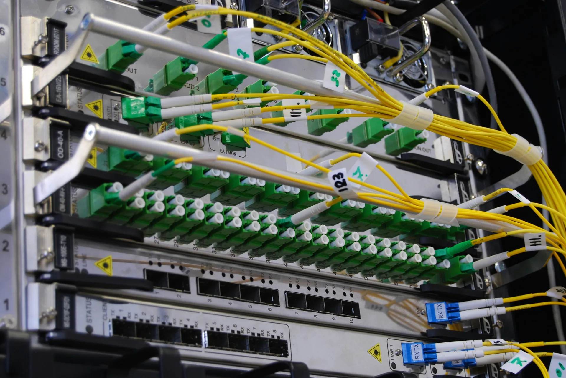 Yellow fiber optic patch cables connected to a distribution panel