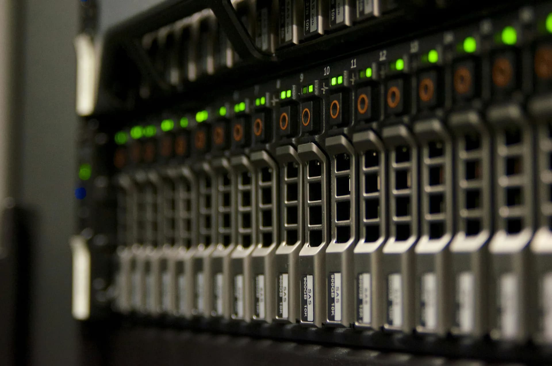 Close-up of SAS drive bays in a storage array