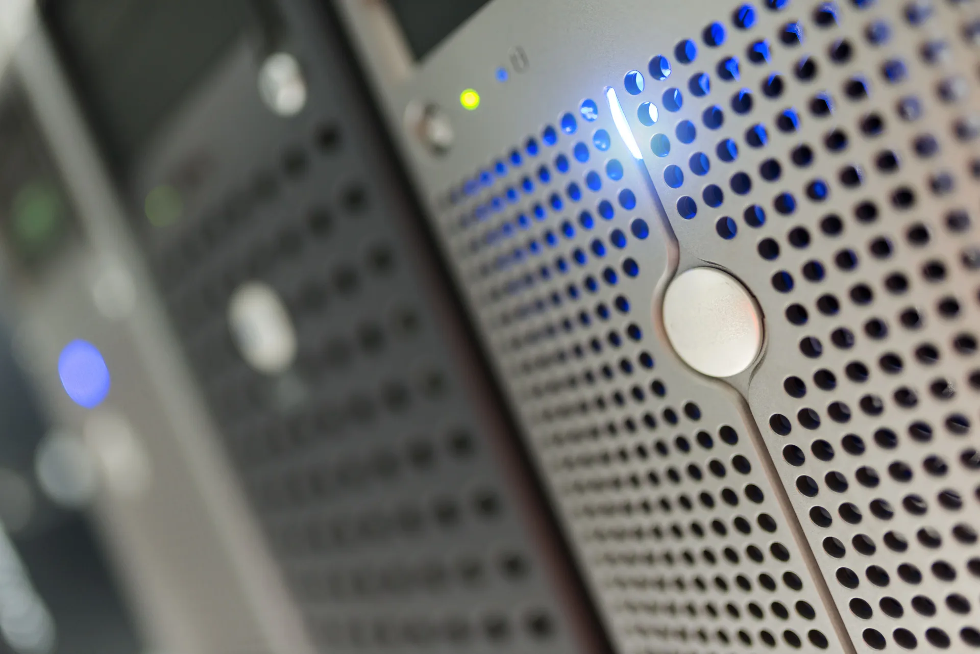 Close-up of hard drive bays with activity lights