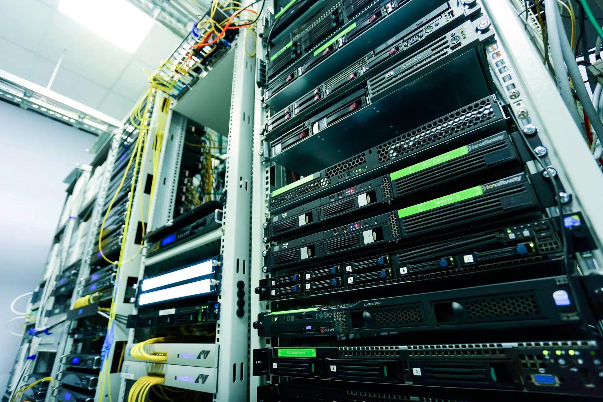 Rack of enterprise servers with status lights